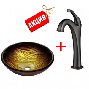 Раковина накладная KRAUS золото-песачная GV-390-19MM + Смеситель для ванной комнаты Kraus Arlo 1.2 KVF-1200ORB
