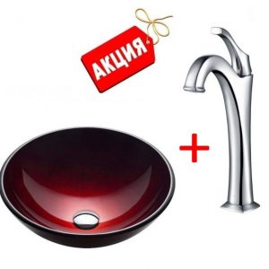 Раковина для ванной накладная Kraus красная GV-200-12mm + Смеситель для ванной комнаты Kraus Arlo 1.2 KVF-1200CH