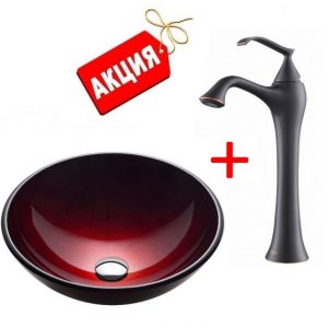 Раковина для ванной накладная Kraus красная GV-200-12mm + Смеситель Kraus Ventus темный шоколад KEF-15000ORB